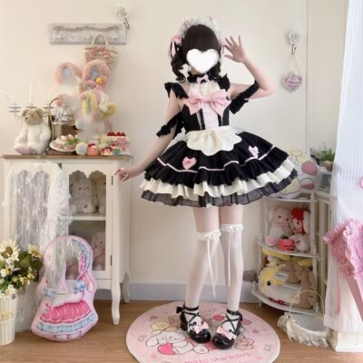 cute japanese dresses online women girl Lolita dress maid dress bow sweet pinkycolor dress Marine Serre Moon Satin Size:US 4P spring floral dress Kimono