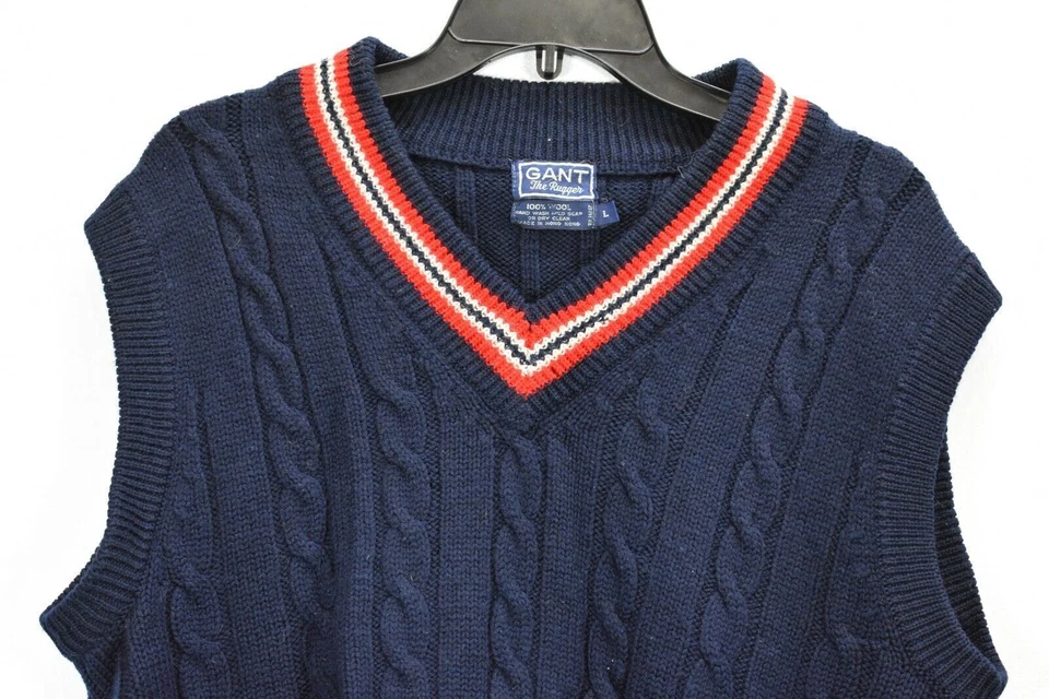 Chaleco Suéter Suéter Gant Para Hombres Azul Cuello en V Tejido con Cable Informal Lana The Rugger L Foto 3 de 4