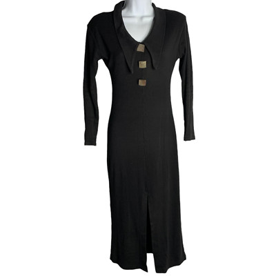 Vintage 70s Ange Paris Knit Maxi Dress Womens S Black Collared Goth Morticia