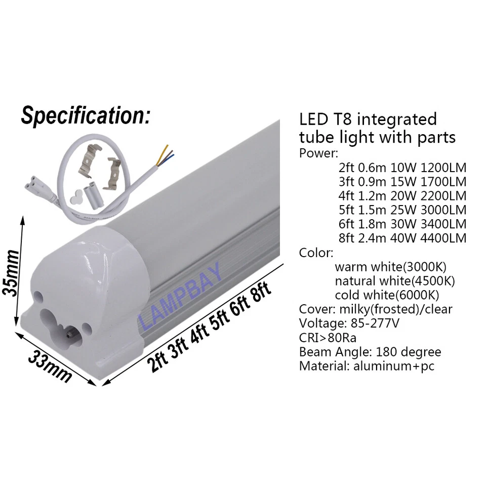 LED Tube Light 2ft 3ft 4ft 5ft 6ft 8ft T8 Integrated Bulb Linear Lamp Fixture - Image 2 of 4