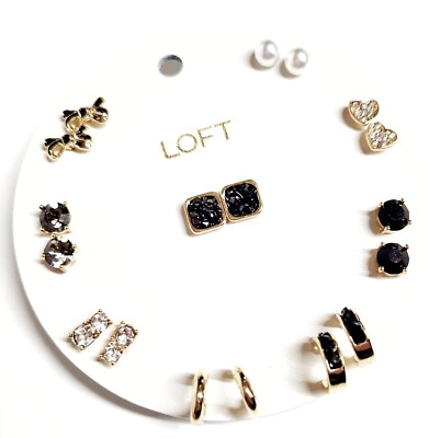 Loft Druzy Heart Bow Stud Earring Set of 9 Pair Black Goldtone New with Tags
