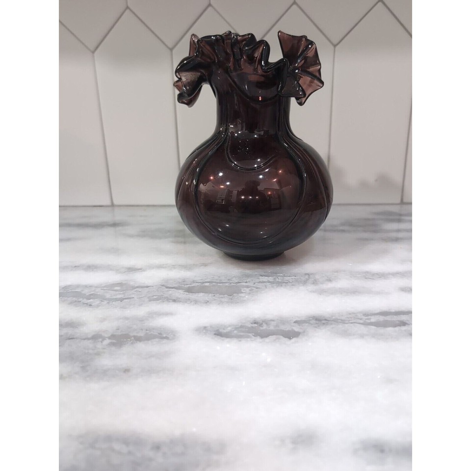 Deep Purple Art Glass Vase 8" Tall Ruffled Edges, Hand Blown Decor, Art