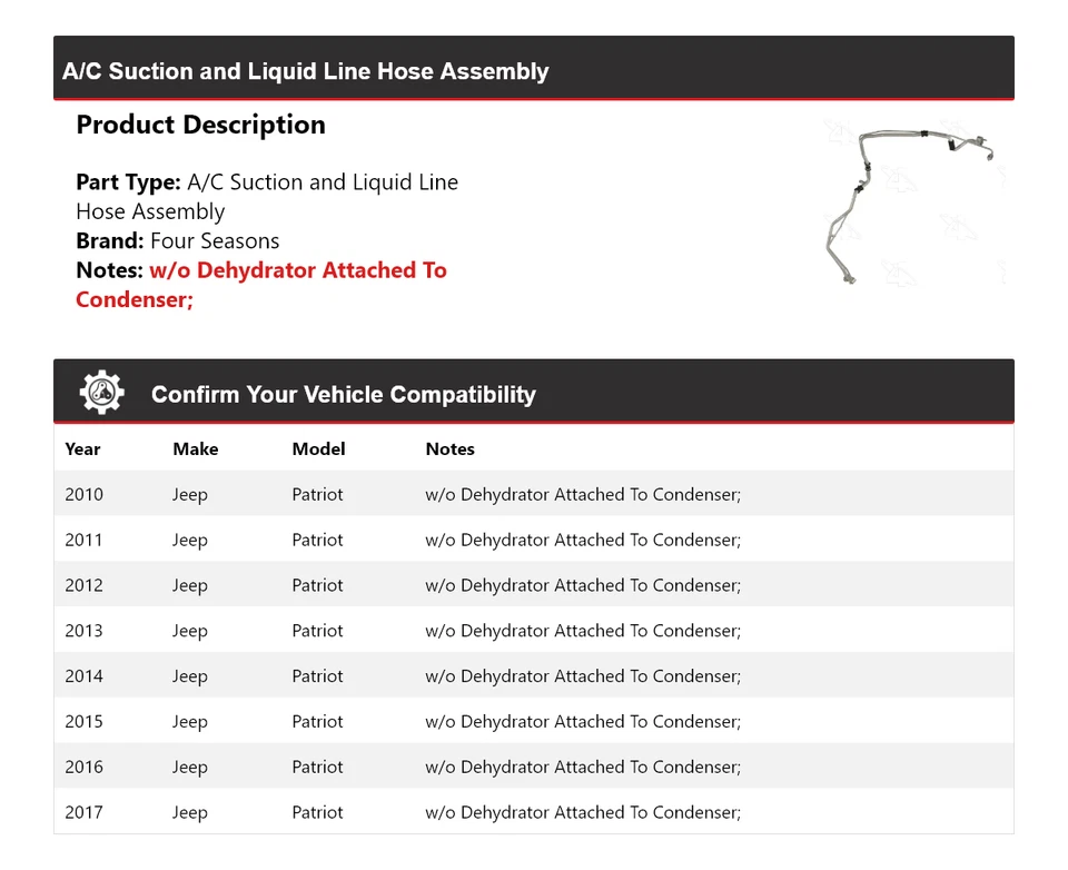 Conjunto de manguera de línea líquida y succión de aire acondicionado Jeep Patriot 2010-2017 4 estaciones Foto 2 de 4