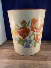 50s Wastepaper Basket Garbage Can Metal Flower Litho Red White 12"DIA x 13.5"H
