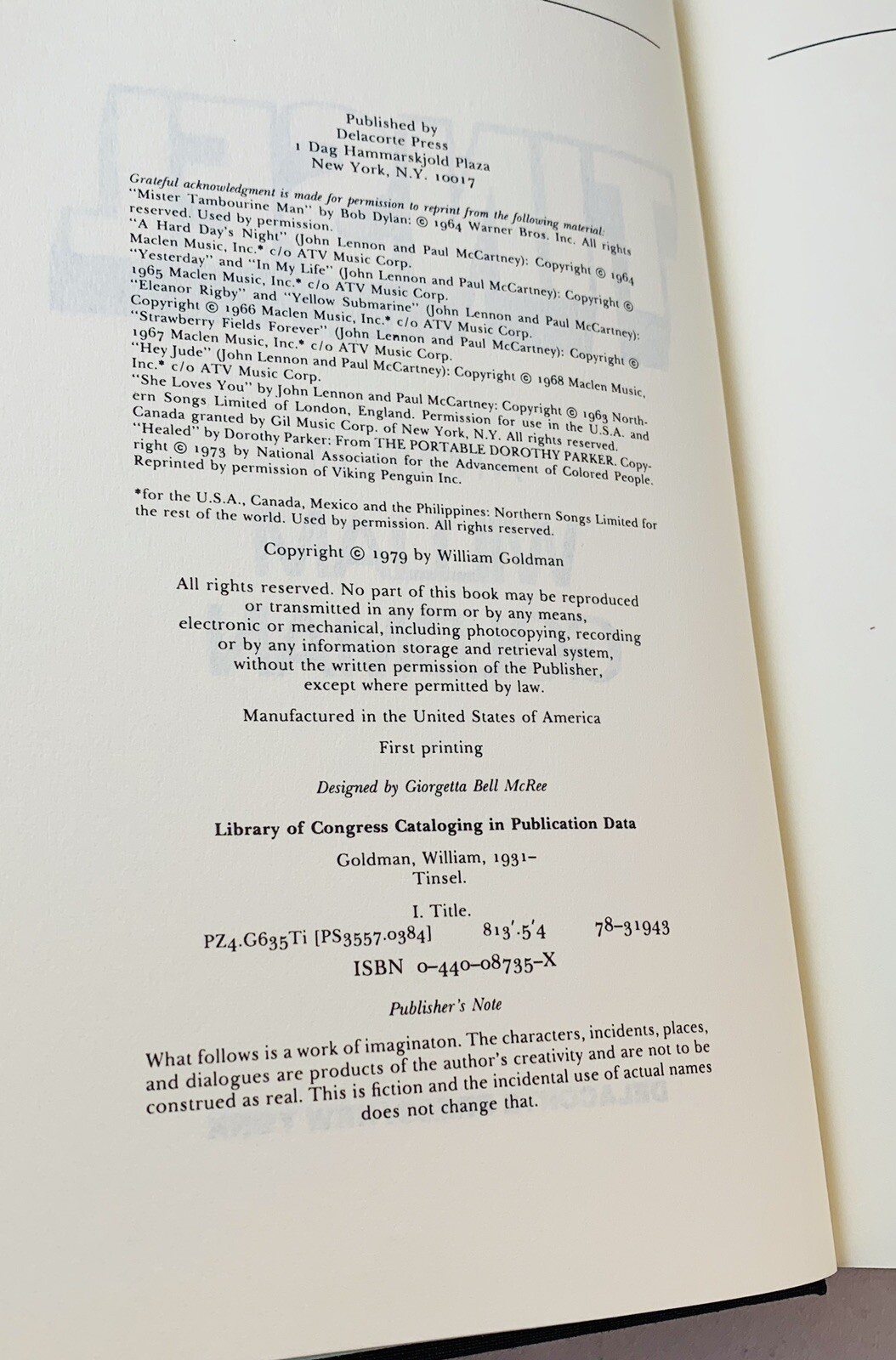 TinselWilliam GoldmanSIGNED!INSCRIBED!TRUE First/1st Edition