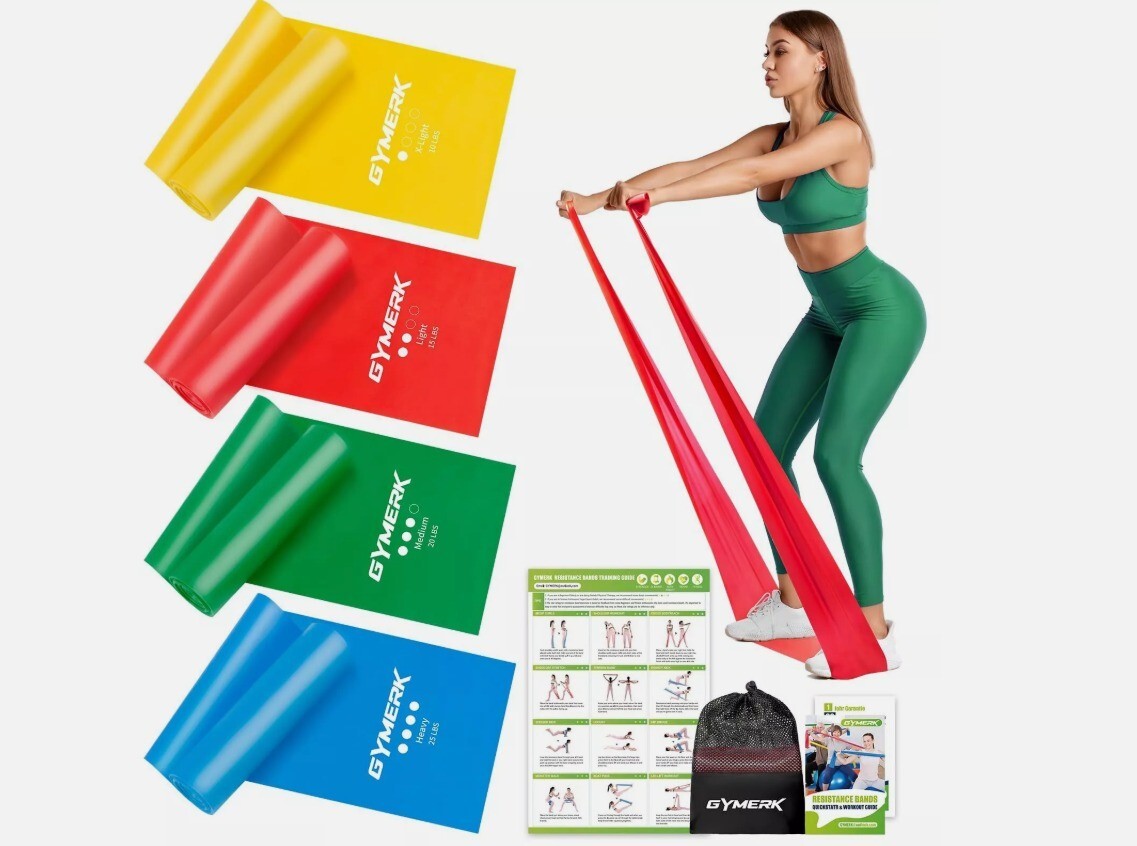GYMERK Fitnessbänder Set 4er, 1.8M Fitnessband, 4 Widerstandsstufen mit Übung...