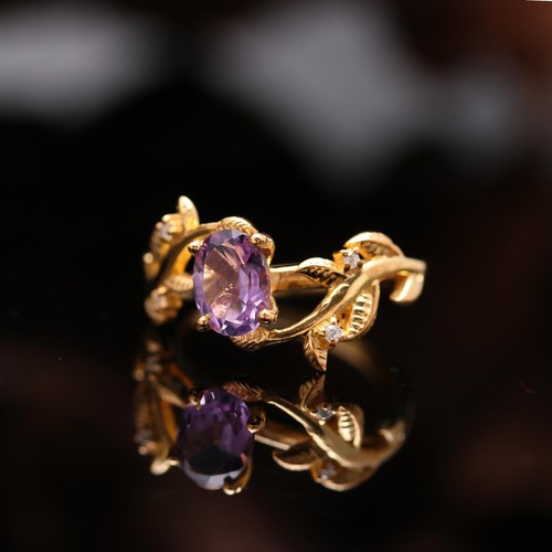 100% Natural Amethyst Oval Leaf Ring Solid Silver Gold Fill Jewelry For Lovers - Picture 8 of 10