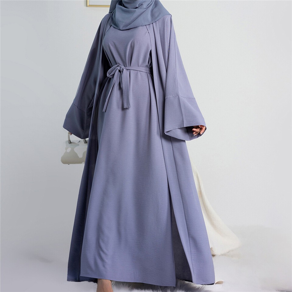 2 Piece Women Muslim Open Abaya Inner Dress Set Dubai Kimono Kaftan ...