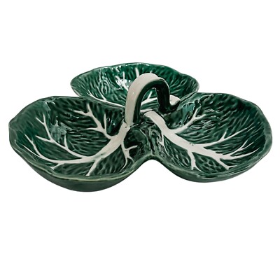 Green Cabbage Leaf Three Bowl Serving Tray Appetizer Platter