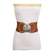 Women Brown Faux Leather Elastic Waistband Fashion Belt Flower Buckle Size S M