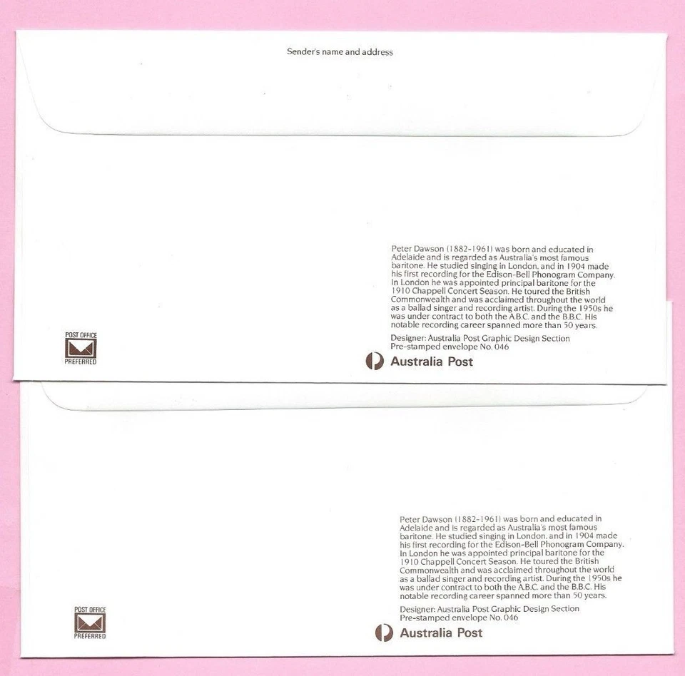 Australia 1982 Par de PSE #046 FDC y Como Nuevo - Centenario del Nacimiento de Peter Dawson  Foto 2 de 2