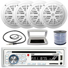 Pyle 1-DIN Marine CD Receiver W/White Cover, 4x 4'' 100W Max Dual Cone Speakers