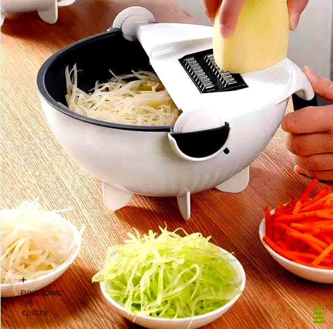 7-in-1 Vegetable Shredder Bowl with Drain Basket &ndash; Multi-Blade Slicer, Cutter