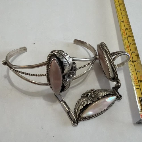 Vintage Sterling Silver Pink Mother of Pearl Cuff Link Bracelet Ring Set G11