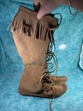 Minnetonka Brown Suede Knee High Lace Up Moccasins Shoes Women  s Size 9