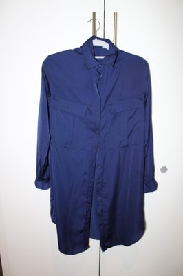 ZARA Basic Navy Blue Satin Utility Shirt Dress Tunic Size S Minimalist