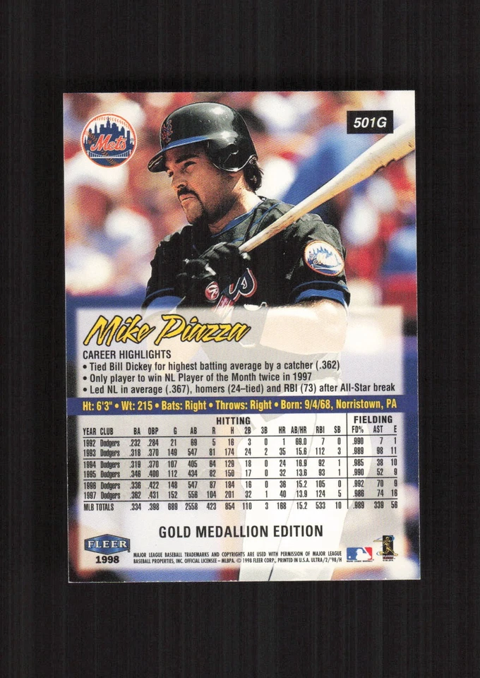1998 Fleer Ultra Gold Medallion #501G Mike Piazza New York Mets - Image 2 of 2