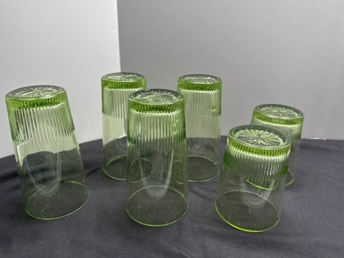 Set Of 6 VTG GRN Depression Ribbed Glass Tumblers No Glow Tall Tumbler Old Fashi