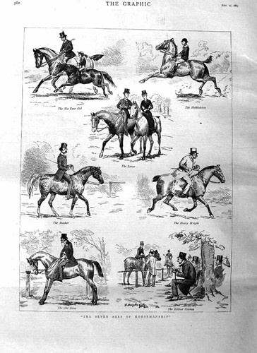 Original Old Antique Print 1885 Horsemanship Hunting Sport Horses Men Victorian