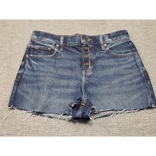 Express Womens Mid Rise Rigid Denim Cut Off Shorts Dark Wash Button Fly Size 0