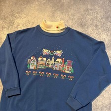 Vintage Grandma Granny Christmas Village Sweatshirt Women Large Blue Mock Neck