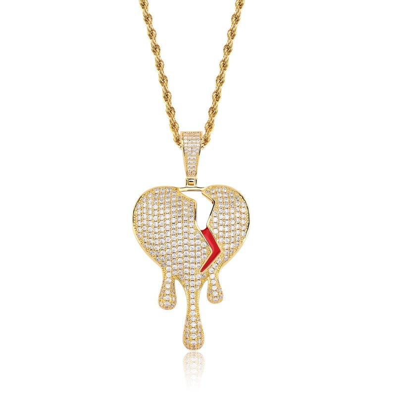 Broken Heart Necklace Men's Amulet Pendant Rhinestone Jewelry 14k Gold Plated - Product main view