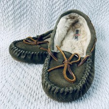 Minnetonka Moccasin Slippers Womens 8 Olive Green Suede Faux Fur Cally Flat Bow