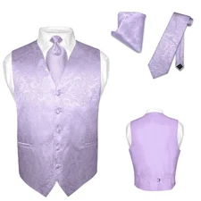 Men's Dress VEST NeckTie for Suit LAVENDER Purple PAISLEY Design Tie Hanky Set