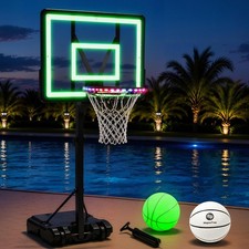 Pool Basketball Hoop with Light, Adjustable Height Movable Base Poolside Ba...