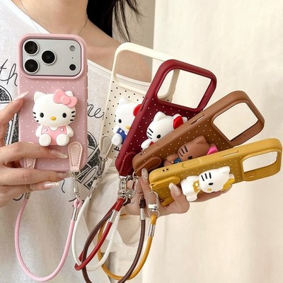 3D Cute Cat Fine-patterned Phone Case with Lanyard for iPhone 11-17Pro Max