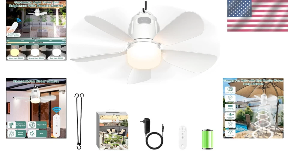 Lightweight 20'' Canopy Ceiling Fan with LED & Remote - Perfect for Camping - Image 2 of 4