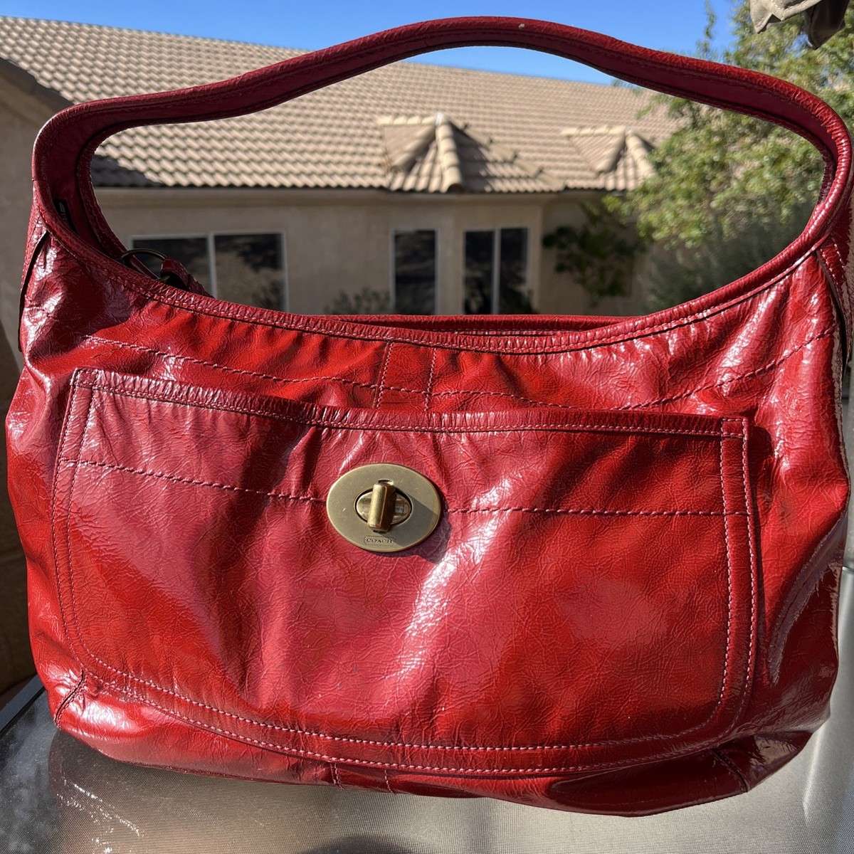 バッグ Y2K COACH Ergo Turnlock Leather Hobo Bag Coach Ergo Turnlock Crushed Patent Leather Shoulder Red Hobo Bag