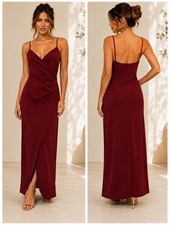 Lulus Burgundy Surplice Ruched Side Slit Spaghetti Strap Maxi Cocktail Dress L