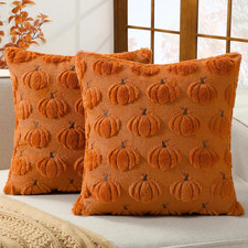 Fall Throw Pillow Covers 18x18 Set of 2 Pumpkin Embroidered Rust Orange