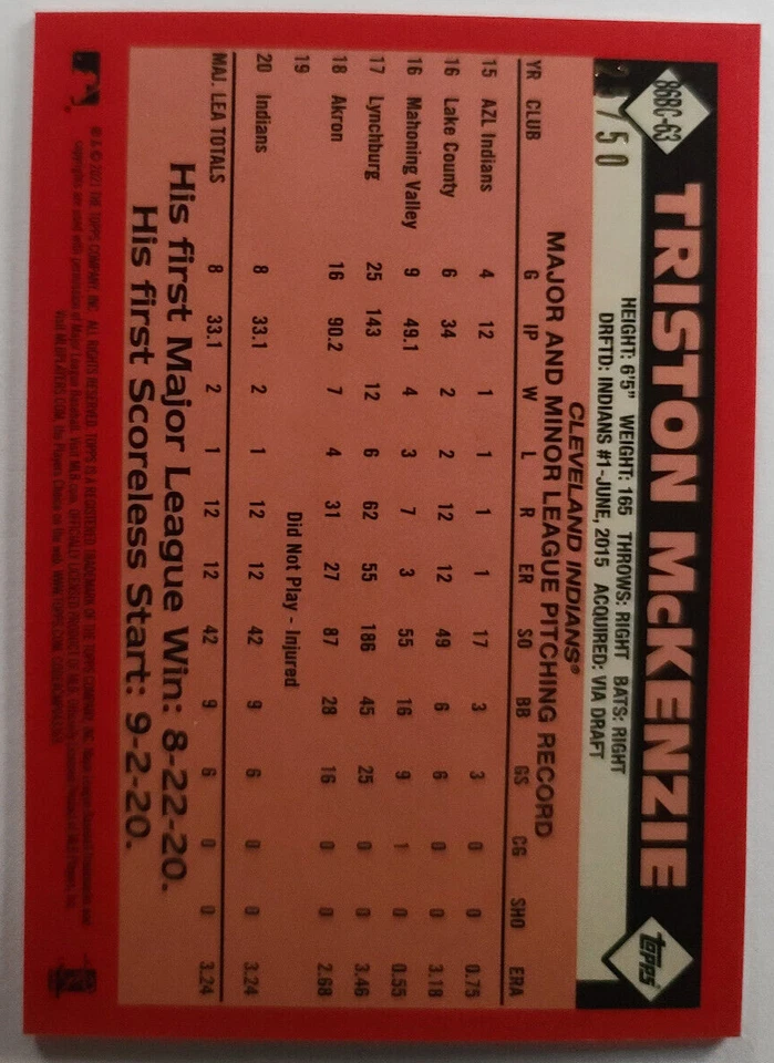 2021 Topps S1 Silver Pack GREEN Parallel 25/50 86BC-63 Triston McKenzie RC - Image 2 of 2