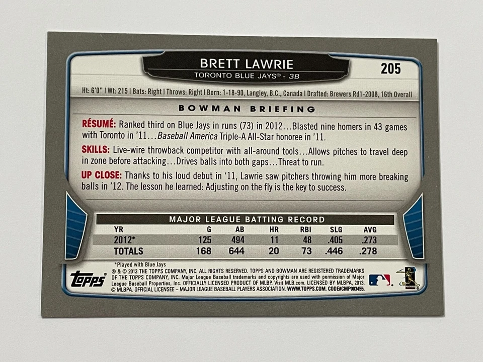 Bowman Baseball Gold Parallel #205 2013 - Brett Lawrie - Toronto Blue Jays Foto 2 de 2
