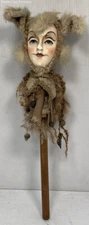 Marotte Doll Vintage Handmade Puppet Wand Doll Unique Rustic Jester Toy, Creepy