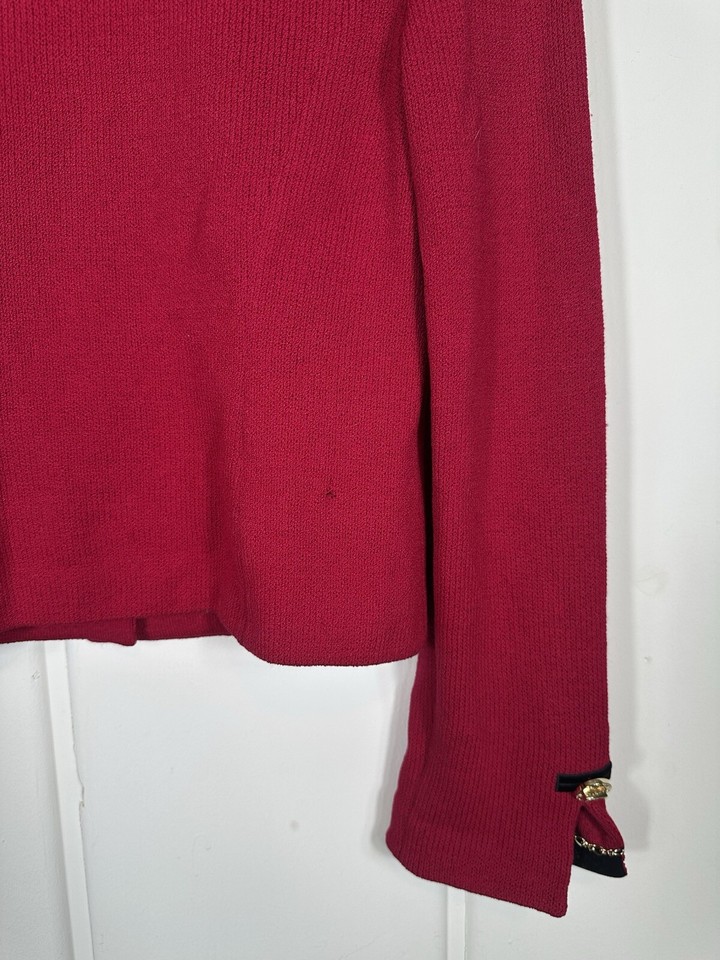 St John Collection By Marie Gray Red Knit Blazer Jacket Gold Button 2