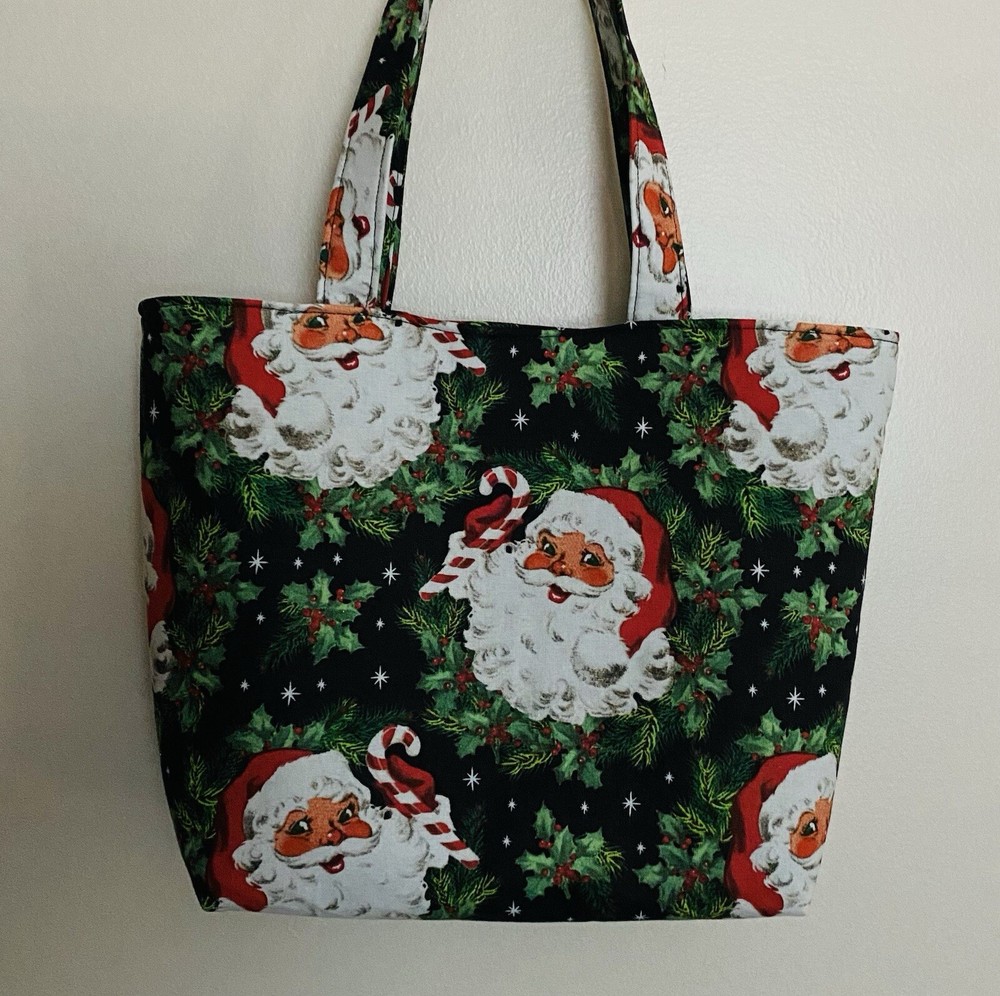 Handmade Christmas Jolly Santa in Wreath Tote Purse Bag