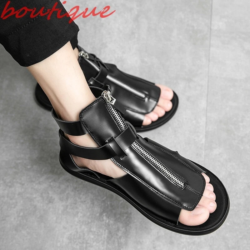 Men Gothic High Top Zipper Buckle Strap Roman Sandals Flat Open Toe Punk  Shoes