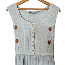 Vintage 90s Fair Affair Crinkle Dress Womens L Gray Rayon Sleeveless Buttons Tie