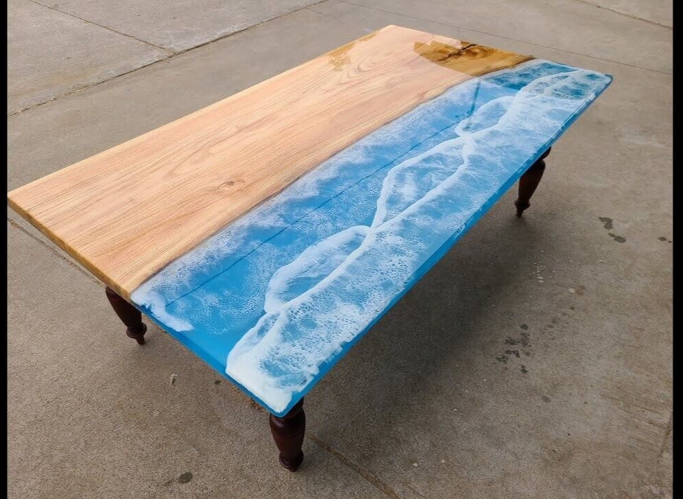 Epoxy Resin Dining Table with Acacia Wood Ocean Design