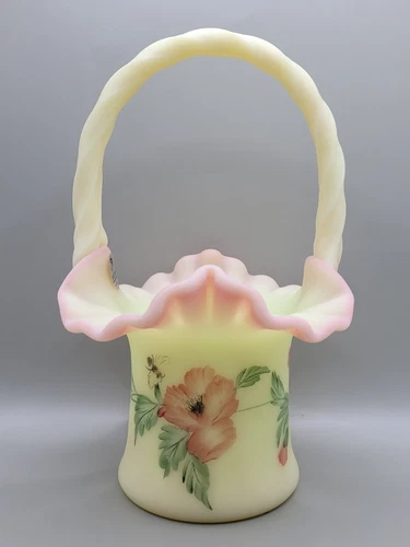 Fenton Art Glass Burmese Poppy & Bee Handpainted Basket #1012/2500 Limited 8 in