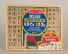 Melissa & Doug Deluxe Wooden Stamp Set ABCs 123s Letters Numbers and Stamp Pad
