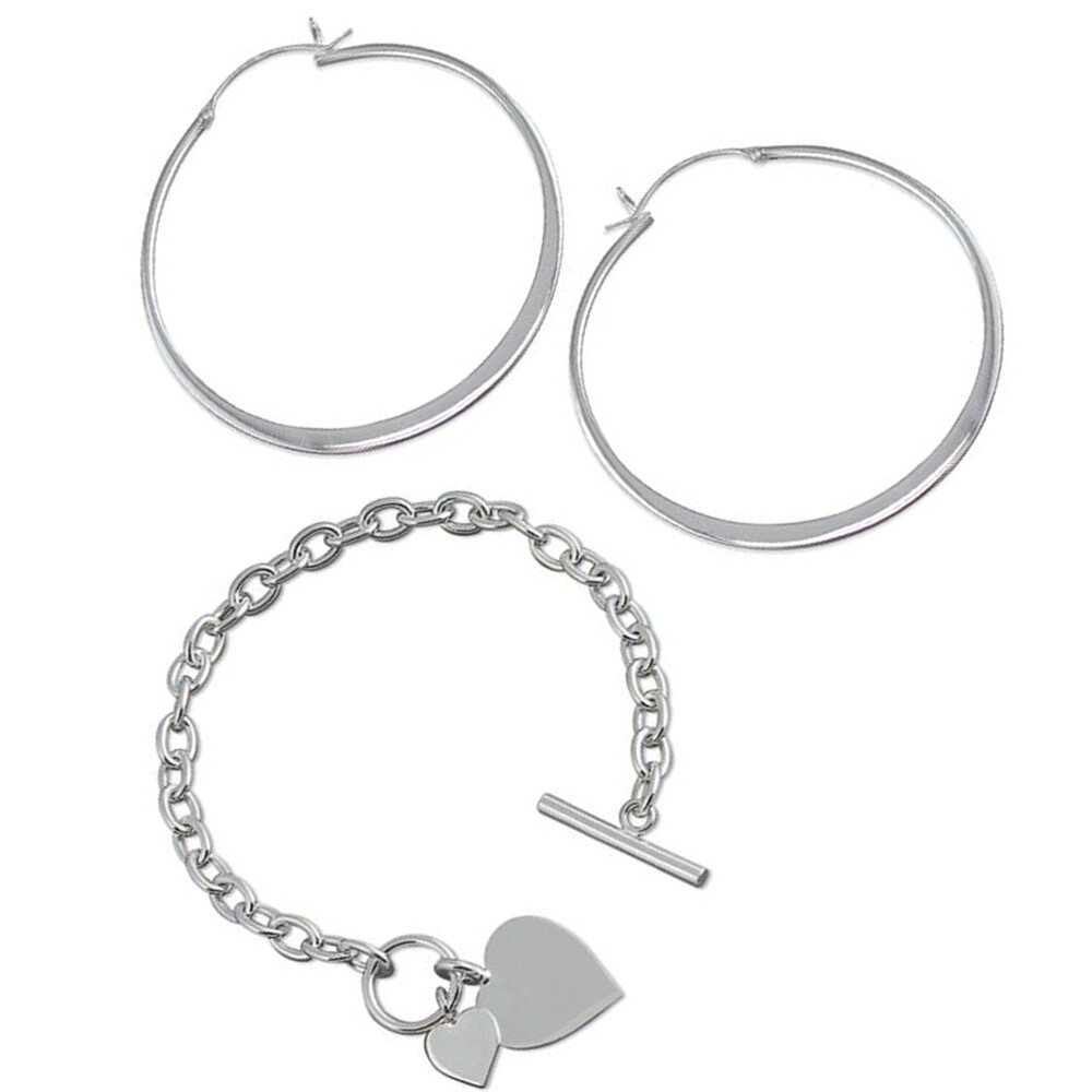 Large Flat Creole Hoop Earrings & Double Heart Tag Bracelet Sterling Silver