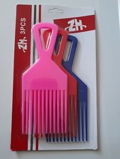 Afro Hair Pik Combs Pack Of 3 Detangling Volume Brush Styling Tool Pink/Red/Blue