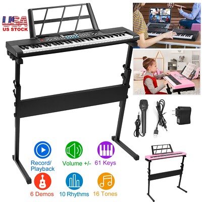 61 Key Keyboard Piano With LCD Display Kit Stand Bench Headphones Pink