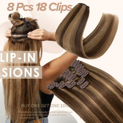 8''-24'' Clip In Remy Real Human Hair Extensions Full Head Balayage Blonde 18Clips