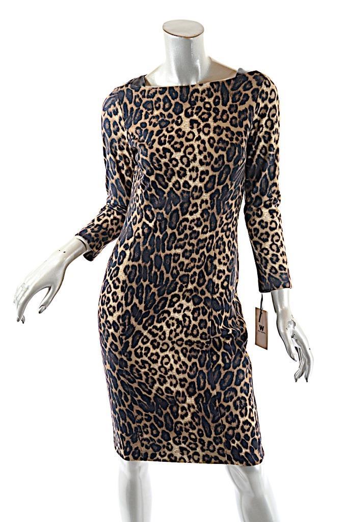 W By WORTH Black Brown Rayon Blend Knit Animal Print Leather Trim Dress US 2 NWT image 2