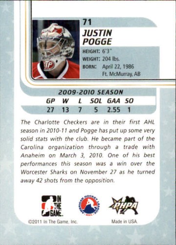 2010-11 ITG Between The Pipes Hockey #71 Justin Pogge - Picture 2 of 2